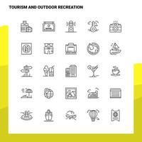 conjunto de iconos de línea de turismo y recreación al aire libre conjunto 25 iconos diseño de estilo minimalista vectorial conjunto de iconos negros paquete de pictogramas lineales vector