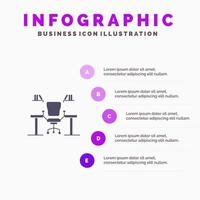 mesa negocio silla computadora escritorio oficina lugar trabajo sólido icono infografía 5 pasos presentación antecedentes vector