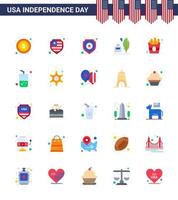 Modern Set of 25 Flats and symbols on USA Independence Day such as fries fast police american feather Editable USA Day Vector Design Elements