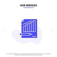 nuestros servicios estadísticas análisis análisis negocio gráfico mercado sólido glifo icono tarjeta web plantilla vector