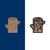 iconos de madera de troncos planos y llenos de línea conjunto de iconos vector fondo azul