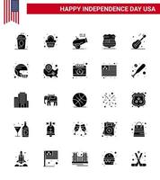 feliz paquete del día de la independencia de 25 signos y símbolos de glifos sólidos para la celebración de guiter usa mortero elementos de diseño vectorial del día de estados unidos editables vector