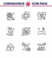 Coronavirus Prevention Set Icons 9 Line icon such as blood bacteria handcare disease hand spray viral coronavirus 2019nov disease Vector Design Elements