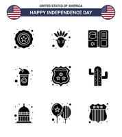 conjunto moderno de 9 glifos y símbolos sólidos en el día de la independencia de estados unidos, como la seguridad policial, bebida americana americana, elementos de diseño vectorial editables del día de estados unidos vector