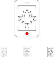 Mobile Cell Canada Leaf Bold and thin black line icon set vector