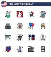 Modern Set of 16 Flat Filled Lines and symbols on USA Independence Day such as usa city barbecue building cola Editable USA Day Vector Design Elements