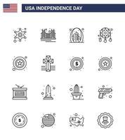 16 USA Line Signs Independence Day Celebration Symbols of dream catcher adornment tourism usa gate Editable USA Day Vector Design Elements
