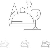conjunto de iconos de línea negra audaz y delgada de vaso de comida de plato de hotel vector