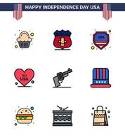 USA Happy Independence DayPictogram Set of 9 Simple Flat Filled Lines of hand usa security american heart Editable USA Day Vector Design Elements