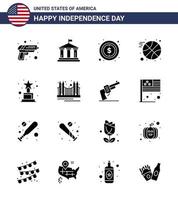 Set of 16 USA Day Icons American Symbols Independence Day Signs for trophy achievement usa sports basketball Editable USA Day Vector Design Elements