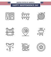 Happy Independence Day Pack of 9 Lines Signs and Symbols for sign location flag american city Editable USA Day Vector Design Elements