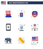 Set of 9 Modern Flats pack on USA Independence Day drink bottle shield ireland phone Editable USA Day Vector Design Elements