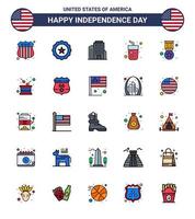 Happy Independence Day USA Pack of 25 Creative Flat Filled Lines of military badge office award juice Editable USA Day Vector Design Elements