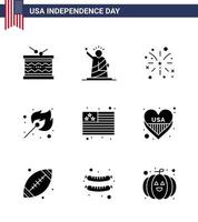 9 signos de glifo sólido de estados unidos celebración del día de la independencia símbolos de estatua de fuego al aire libre campamento elementos de diseño de vector de día de estados unidos editables estadounidenses