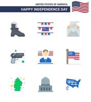 USA Happy Independence DayPictogram Set of 9 Simple Flats of flag man greeting weapon security Editable USA Day Vector Design Elements