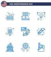 Pack of 9 creative USA Independence Day related Blues of laud flag usa ice cream cream Editable USA Day Vector Design Elements