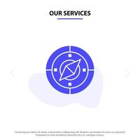 nuestros servicios navegación navegador brújula ubicación icono de glifo sólido plantilla de tarjeta web vector