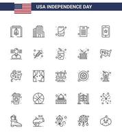 Set of 25 Vector Lines on 4th July USA Independence Day such as ireland phone can mobile declaration of independence Editable USA Day Vector Design Elements