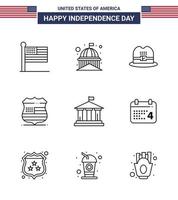 Set of 9 Vector Lines on 4th July USA Independence Day such as flag security white usa shield Editable USA Day Vector Design Elements