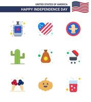 Set of 9 USA Day Icons American Symbols Independence Day Signs for dollar plent love usa eagle Editable USA Day Vector Design Elements