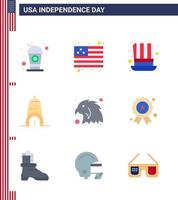 Happy Independence Day 9 Flats Icon Pack for Web and Print holiday bird hat animal building Editable USA Day Vector Design Elements