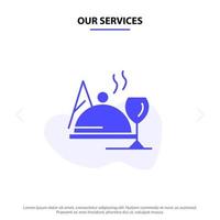 nuestros servicios plato de hotel comida vidrio icono de glifo sólido plantilla de tarjeta web vector