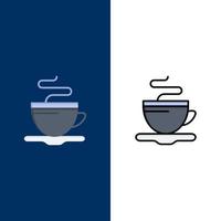 taza de té café hotel iconos planos y llenos de línea conjunto de iconos vector fondo azul