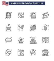 Set of 16 Modern Lines pack on USA Independence Day green city bag party bulb buntings Editable USA Day Vector Design Elements