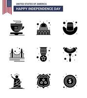 USA Independence Day Solid Glyph Set of 9 USA Pictograms of medal award cap tourism golden Editable USA Day Vector Design Elements