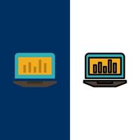 Laptop Graph Analytics Monitoring Statistics  Icons Flat and Line Filled Icon Set Vector Blue Background