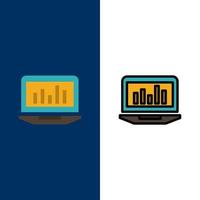 análisis de gráficos de portátiles iconos de estadísticas de seguimiento plano y conjunto de iconos rellenos de línea vector fondo azul