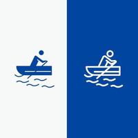 entrenamiento de remo en bote línea de agua y glifo icono sólido bandera azul línea y glifo icono sólido bandera azul vector