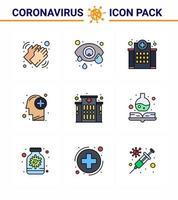 9 paquete de iconos de epidemia de coronavirus de color plano de línea rellena como atención médica humana ojo humano cerebro coronavirus viral médico 2019nov enfermedad vector elementos de diseño