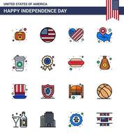 Big Pack of 16 USA Happy Independence Day USA Vector Flat Filled Lines and Editable Symbols of cola location pin flag wisconsin states Editable USA Day Vector Design Elements