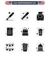 9 USA Solid Glyph Pack of Independence Day Signs and Symbols of bottle packages invitation money democratic Editable USA Day Vector Design Elements