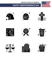 4th July USA Happy Independence Day Icon Symbols Group of 9 Modern Solid Glyphs of police investigating cross badge map Editable USA Day Vector Design Elements