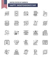 Group of 25 Lines Set for Independence day of United States of America such as hand phone day mobile star Editable USA Day Vector Design Elements