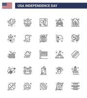paquete de línea de 25 símbolos del día de la independencia de estados unidos de elementos de diseño de vector de día de estados unidos editables en el mundo blanco