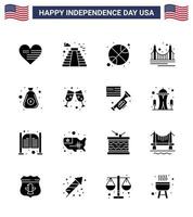 16 USA Solid Glyph Pack of Independence Day Signs and Symbols of dollar landmark basketball golden bridge Editable USA Day Vector Design Elements