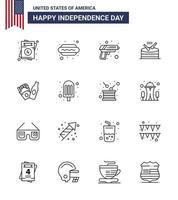 Set of 16 Modern Lines pack on USA Independence Day frise parade gun music drum Editable USA Day Vector Design Elements