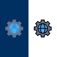Gear Setting Globe  Icons Flat and Line Filled Icon Set Vector Blue Background