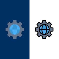 Gear Setting Globe  Icons Flat and Line Filled Icon Set Vector Blue Background