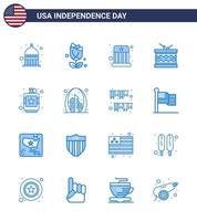 Pack of 16 creative USA Independence Day related Blues of alcoholic parade circus irish drum Editable USA Day Vector Design Elements