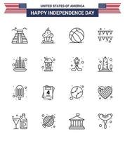 16 USA Line Pack of Independence Day Signs and Symbols of fire paper thanksgiving garland usa Editable USA Day Vector Design Elements
