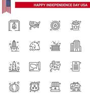 16 iconos creativos de EE. UU. Signos de independencia modernos y símbolos del 4 de julio de maceta flor policía cactus comida editable día de EE. UU. Elementos de diseño vectorial vector