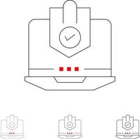 antivirus equipo internet portátil protegido protección seguridad audaz y delgada línea negra conjunto de iconos vector