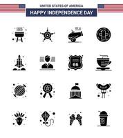 16 Solid Glyph Signs for USA Independence Day spaceship launcher cannon eagle bird Editable USA Day Vector Design Elements