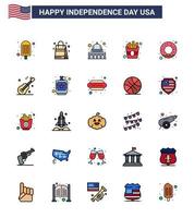 USA Happy Independence DayPictogram Set of 25 Simple Flat Filled Lines of guiter food madison donut food Editable USA Day Vector Design Elements
