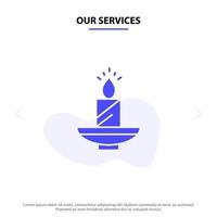 nuestros servicios vela navidad diwali pascua lámpara luz cera sólido glifo icono web tarjeta plantilla vector