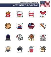 4th July USA Happy Independence Day Icon Symbols Group of 16 Modern Flat Filled Lines of independence drum frankfurter day american Editable USA Day Vector Design Elements